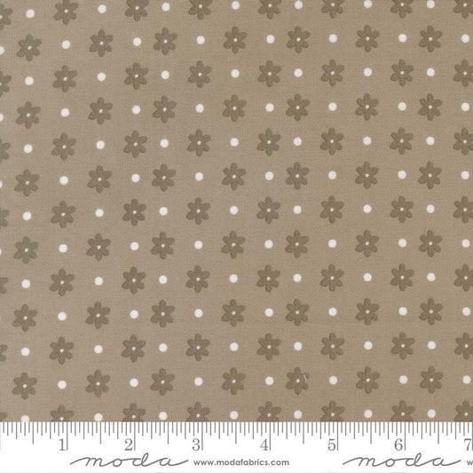 Image of Poinsettia and Pear Daisy Dot Stone quilting cotton fabric by Sherri & Chelsi for Moda Fabrics. Features flowers on a gray background. Cute Little Fabric Shop.