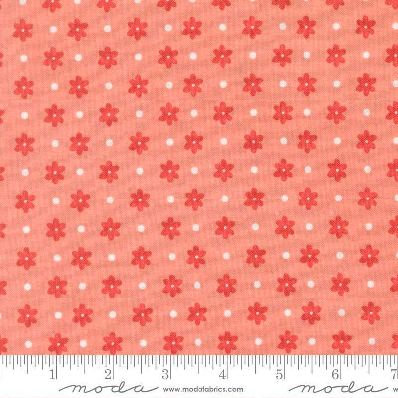 Image of Poinsettia and Pear Daisy Dot Carnation quilting cotton fabric by Sherri & Chelsi for Moda Fabrics. Features flowers on a pink background. Cute Little Fabric Shop.