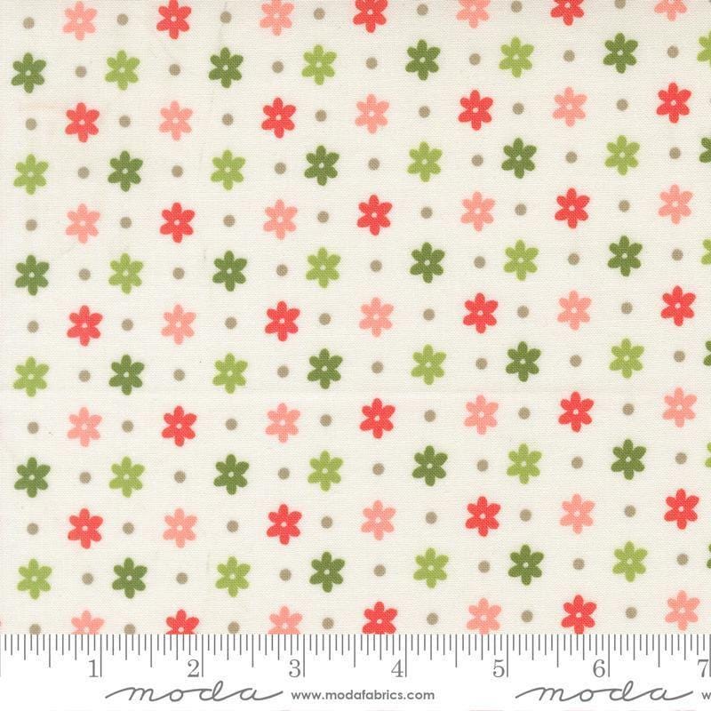 Image of Poinsettia and Pear Daisy Dot Cloud quilting cotton fabric by Sherri & Chelsi for Moda Fabrics. Features flowers on a white background. Cute Little Fabric Shop.