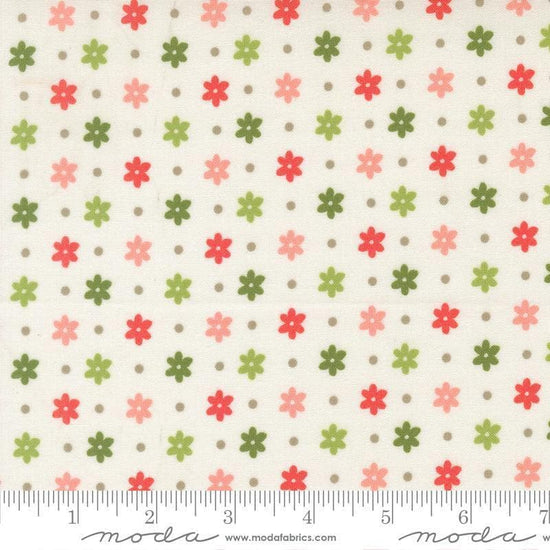 Image of Poinsettia and Pear Daisy Dot Cloud quilting cotton fabric by Sherri & Chelsi for Moda Fabrics. Features flowers on a white background. Cute Little Fabric Shop.