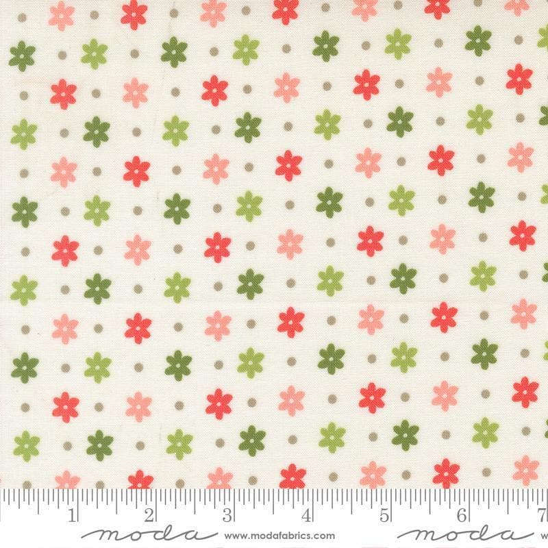 Image of Poinsettia and Pear Daisy Dot Cloud quilting cotton fabric by Sherri & Chelsi for Moda Fabrics. Features flowers on a white background. Cute Little Fabric Shop.