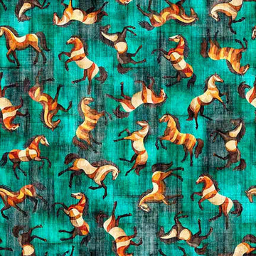 Image of Canyonlands Horses Turquoise quilting cotton fabric by Morris Creative Group for QT Fabrics. Features horses on a blue background. Cute Little Fabric Shop.