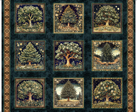 Cedar & Sage Tree Picture Blocks Panel Midnight Blue Tree Fabric - 31951 - QT Fabrics Quilting Cotton Fabric