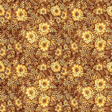 Image of Cedar & Sage Packed Floral Gold quilting cotton fabric by Morris Creative Group for QT Fabrics. Features flowers on a yellow background. Cute Little Fabric Shop.