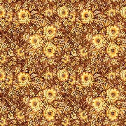 Image of Cedar & Sage Packed Floral Gold quilting cotton fabric by Morris Creative Group for QT Fabrics. Features flowers on a yellow background. Cute Little Fabric Shop.
