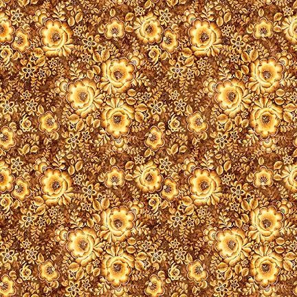 Image of Cedar & Sage Packed Floral Gold quilting cotton fabric by Morris Creative Group for QT Fabrics. Features flowers on a yellow background. Cute Little Fabric Shop.