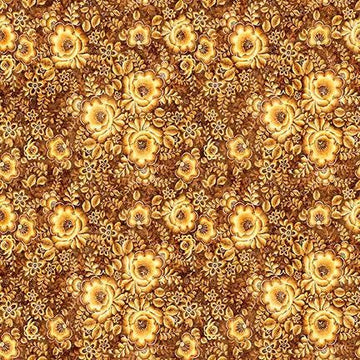 Image of Cedar & Sage Packed Floral Gold quilting cotton fabric by Morris Creative Group for QT Fabrics. Features flowers on a yellow background. Cute Little Fabric Shop.