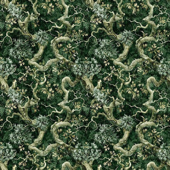Image of Cedar & Sage Branches Forest quilting cotton fabric by Morris Creative Group for QT Fabrics. Features leaves on a green background. Cute Little Fabric Shop.