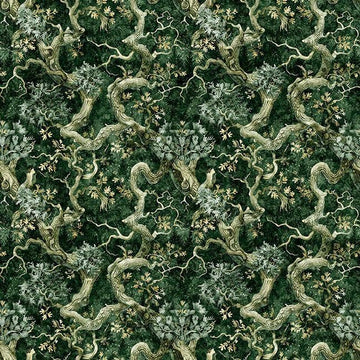 Image of Cedar & Sage Branches Forest quilting cotton fabric by Morris Creative Group for QT Fabrics. Features leaves on a green background. Cute Little Fabric Shop.