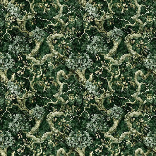 Image of Cedar & Sage Branches Forest quilting cotton fabric by Morris Creative Group for QT Fabrics. Features leaves on a green background. Cute Little Fabric Shop.