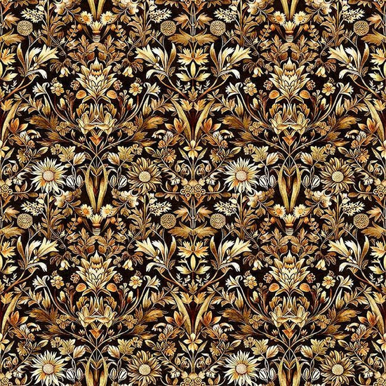 Image of Cedar & Sage Woodland Floral Chocolate quilting cotton fabric by Morris Creative Group for QT Fabrics. Features flowers on a brown background. Cute Little Fabric Shop.