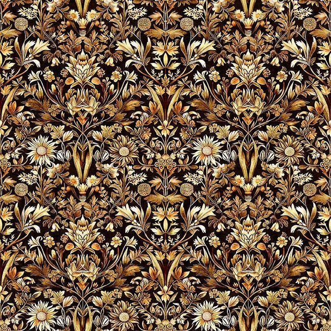 Image of Cedar & Sage Woodland Floral Chocolate quilting cotton fabric by Morris Creative Group for QT Fabrics. Features flowers on a brown background. Cute Little Fabric Shop.