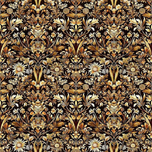 Image of Cedar & Sage Woodland Floral Chocolate quilting cotton fabric by Morris Creative Group for QT Fabrics. Features flowers on a brown background. Cute Little Fabric Shop.