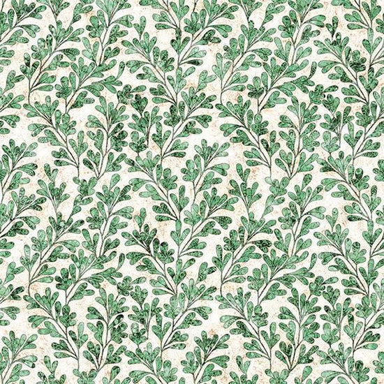 Image of Cedar & Sage Sprigs Green quilting cotton fabric by Morris Creative Group for QT Fabrics. Features leaves on a cream background. Cute Little Fabric Shop.