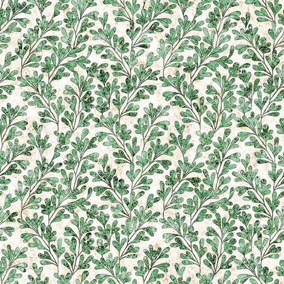 Image of Cedar & Sage Sprigs Green quilting cotton fabric by Morris Creative Group for QT Fabrics. Features leaves on a cream background. Cute Little Fabric Shop.