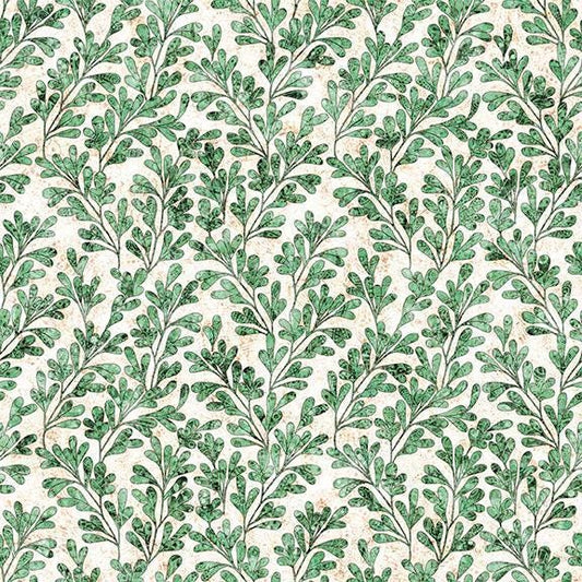 Image of Cedar & Sage Sprigs Green quilting cotton fabric by Morris Creative Group for QT Fabrics. Features leaves on a cream background. Cute Little Fabric Shop.