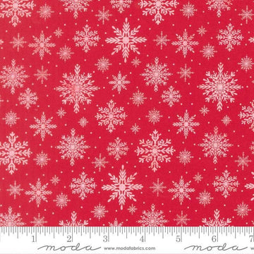 Image of Merrily on High Softly Snowing Christmas Red quilting cotton fabric by Sweetfire Road for Moda Fabrics. Features snowflakes on a red background. Cute Little Fabric Shop.