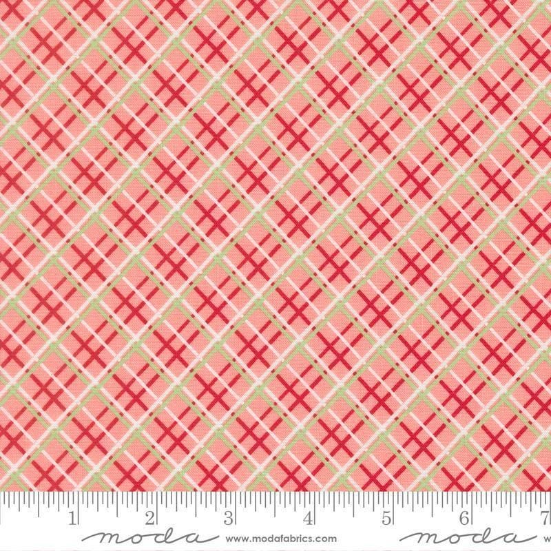 Image of Merrily on High Pretty Plaid Blush quilting cotton fabric by Sweetfire Road for Moda Fabrics. Features plaid on a pink background. Cute Little Fabric Shop.