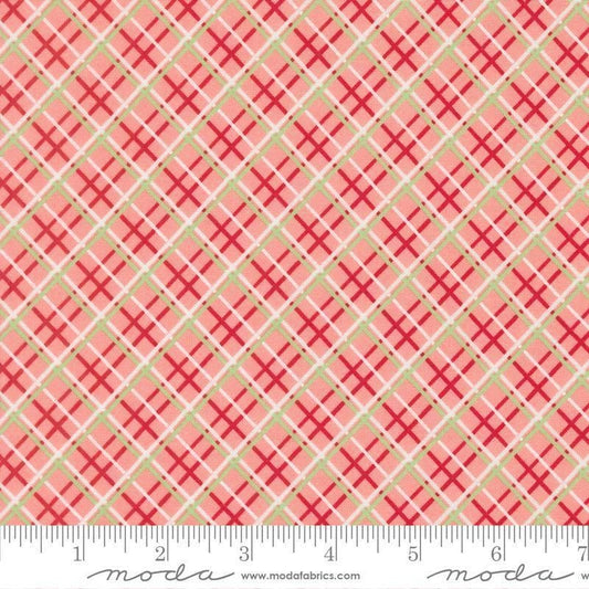 Image of Merrily on High Pretty Plaid Blush quilting cotton fabric by Sweetfire Road for Moda Fabrics. Features plaid on a pink background. Cute Little Fabric Shop.