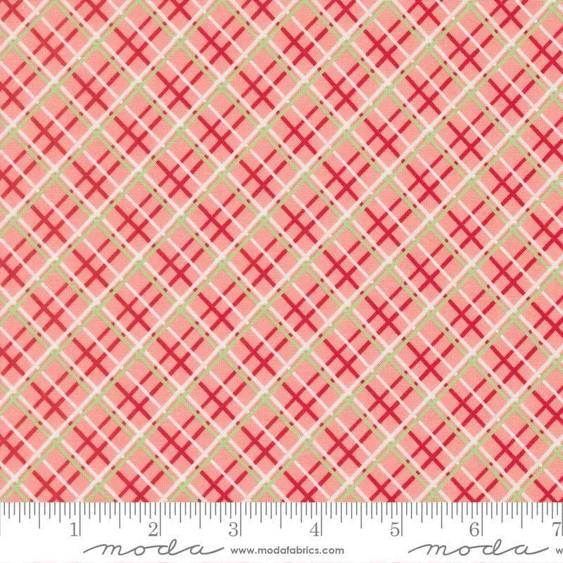Image of Merrily on High Pretty Plaid Blush quilting cotton fabric by Sweetfire Road for Moda Fabrics. Features plaid on a pink background. Cute Little Fabric Shop.