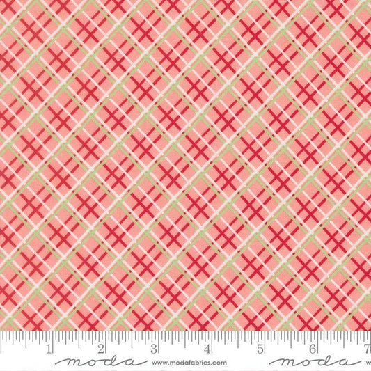 Image of Merrily on High Pretty Plaid Blush quilting cotton fabric by Sweetfire Road for Moda Fabrics. Features plaid on a pink background. Cute Little Fabric Shop.