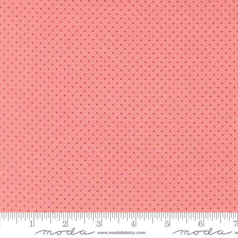 Image of Merrily on High Festive Dot Blush quilting cotton fabric by Sweetfire Road for Moda Fabrics. Features polka dots on a pink background. Cute Little Fabric Shop.