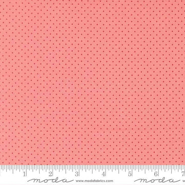 Image of Merrily on High Festive Dot Blush quilting cotton fabric by Sweetfire Road for Moda Fabrics. Features polka dots on a pink background. Cute Little Fabric Shop.