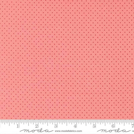 Image of Merrily on High Festive Dot Blush quilting cotton fabric by Sweetfire Road for Moda Fabrics. Features polka dots on a pink background. Cute Little Fabric Shop.