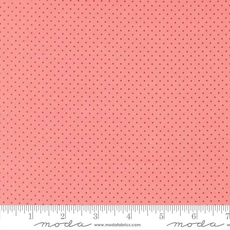 Image of Merrily on High Festive Dot Blush quilting cotton fabric by Sweetfire Road for Moda Fabrics. Features polka dots on a pink background. Cute Little Fabric Shop.