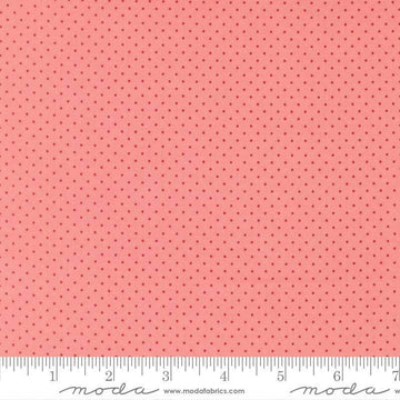 Image of Merrily on High Festive Dot Blush quilting cotton fabric by Sweetfire Road for Moda Fabrics. Features polka dots on a pink background. Cute Little Fabric Shop.
