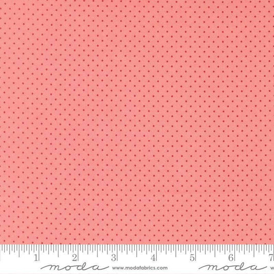 Image of Merrily on High Festive Dot Blush quilting cotton fabric by Sweetfire Road for Moda Fabrics. Features polka dots on a pink background. Cute Little Fabric Shop.