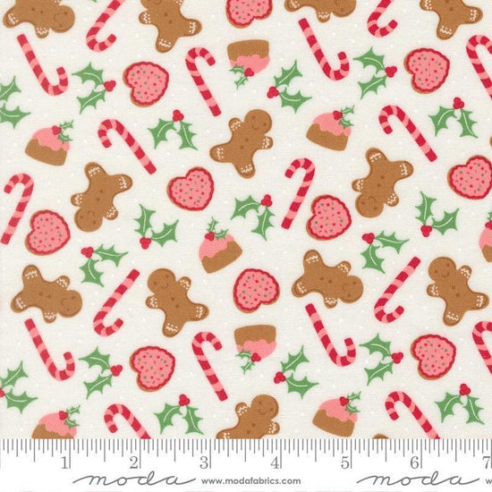 Image of Merrily on High Sweet Treats Snow quilting cotton fabric by Sweetfire Road for Moda Fabrics. Features christmas sugar treats on a white background. Cute Little Fabric Shop.