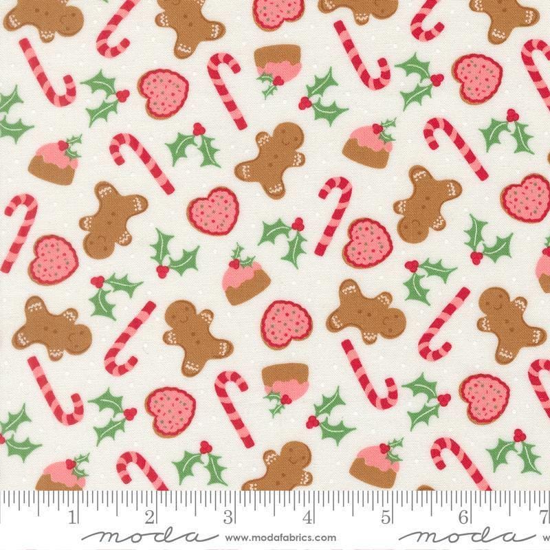 Image of Merrily on High Sweet Treats Snow quilting cotton fabric by Sweetfire Road for Moda Fabrics. Features christmas sugar treats on a white background. Cute Little Fabric Shop.