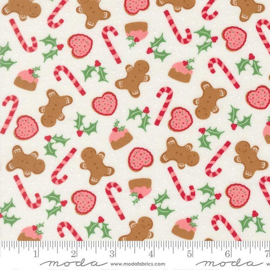 Image of Merrily on High Sweet Treats Snow quilting cotton fabric by Sweetfire Road for Moda Fabrics. Features christmas sugar treats on a white background. Cute Little Fabric Shop.