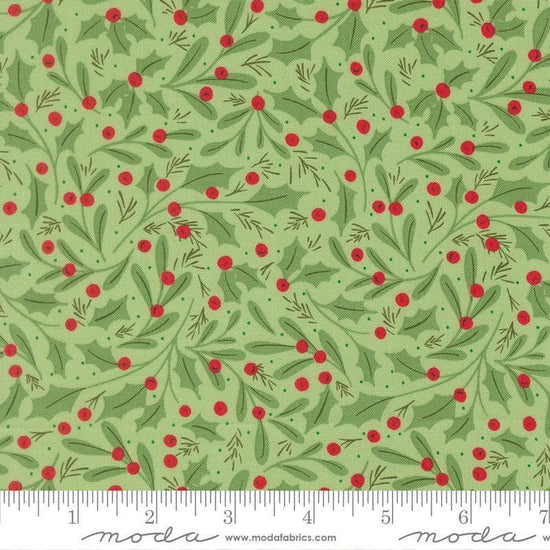 Image of Merrily on High Winter Berries Evergreen quilting cotton fabric by Sweetfire Road for Moda Fabrics. Features holly berries on a green background. Cute Little Fabric Shop.