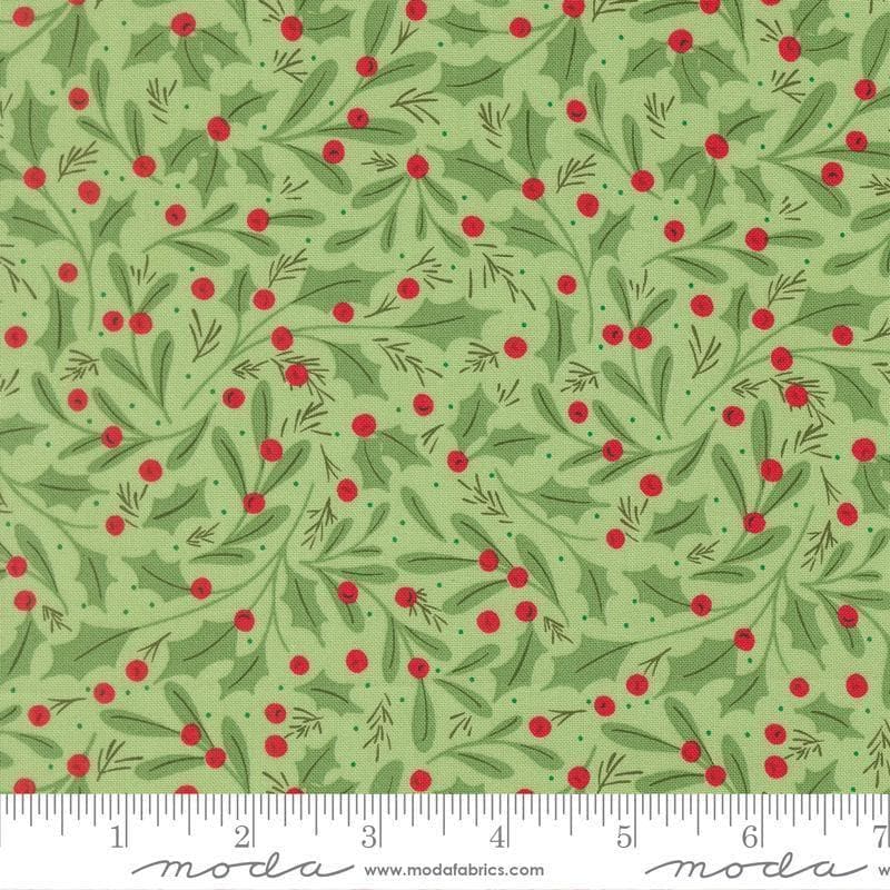 Image of Merrily on High Winter Berries Evergreen quilting cotton fabric by Sweetfire Road for Moda Fabrics. Features holly berries on a green background. Cute Little Fabric Shop.