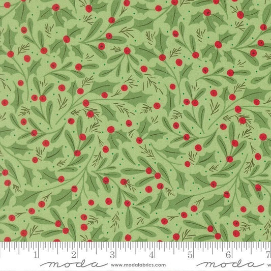 Image of Merrily on High Winter Berries Evergreen quilting cotton fabric by Sweetfire Road for Moda Fabrics. Features holly berries on a green background. Cute Little Fabric Shop.