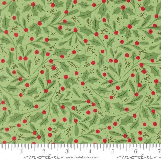 Image of Merrily on High Winter Berries Evergreen quilting cotton fabric by Sweetfire Road for Moda Fabrics. Features holly berries on a green background. Cute Little Fabric Shop.