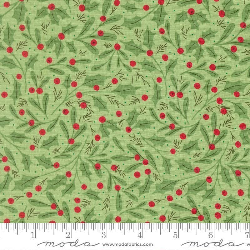 Image of Merrily on High Winter Berries Evergreen quilting cotton fabric by Sweetfire Road for Moda Fabrics. Features holly berries on a green background. Cute Little Fabric Shop.