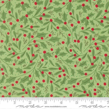 Image of Merrily on High Winter Berries Evergreen quilting cotton fabric by Sweetfire Road for Moda Fabrics. Features holly berries on a green background. Cute Little Fabric Shop.
