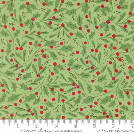 Image of Merrily on High Winter Berries Evergreen quilting cotton fabric by Sweetfire Road for Moda Fabrics. Features holly berries on a green background. Cute Little Fabric Shop.