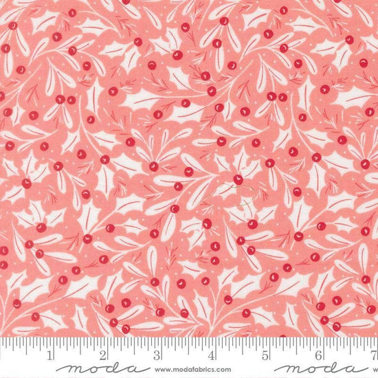Image of Merrily on High Winter Berries Blush quilting cotton fabric by Sweetfire Road for Moda Fabrics. Features holly berries on a pink background. Cute Little Fabric Shop.