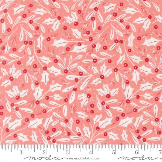 Image of Merrily on High Winter Berries Blush quilting cotton fabric by Sweetfire Road for Moda Fabrics. Features holly berries on a pink background. Cute Little Fabric Shop.