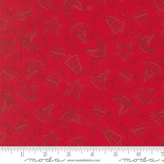 Image of Merrily on High Cookie Cutters Christmas Red quilting cotton fabric by Sweetfire Road for Moda Fabrics. Features tonal classic christmas cookie shapes on a red background. Cute Little Fabric Shop.