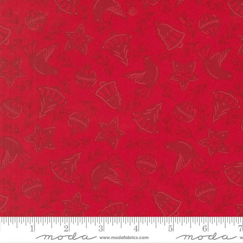 Image of Merrily on High Cookie Cutters Christmas Red quilting cotton fabric by Sweetfire Road for Moda Fabrics. Features tonal classic christmas cookie shapes on a red background. Cute Little Fabric Shop.