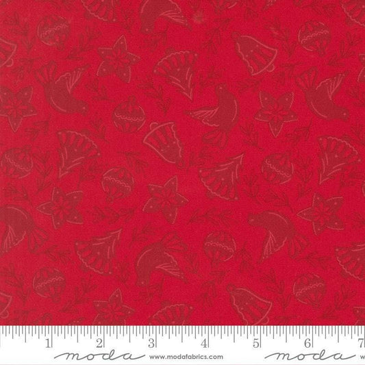 Image of Merrily on High Cookie Cutters Christmas Red quilting cotton fabric by Sweetfire Road for Moda Fabrics. Features tonal classic christmas cookie shapes on a red background. Cute Little Fabric Shop.