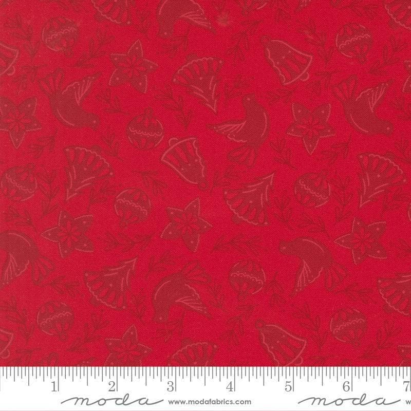 Image of Merrily on High Cookie Cutters Christmas Red quilting cotton fabric by Sweetfire Road for Moda Fabrics. Features tonal classic christmas cookie shapes on a red background. Cute Little Fabric Shop.
