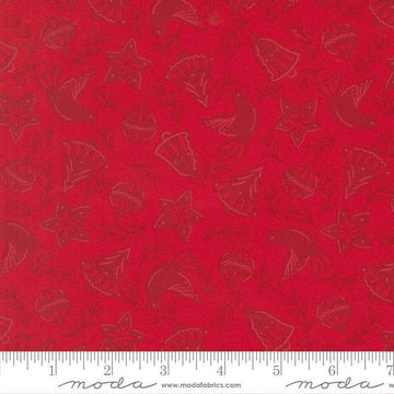 Image of Merrily on High Cookie Cutters Christmas Red quilting cotton fabric by Sweetfire Road for Moda Fabrics. Features tonal classic christmas cookie shapes on a red background. Cute Little Fabric Shop.