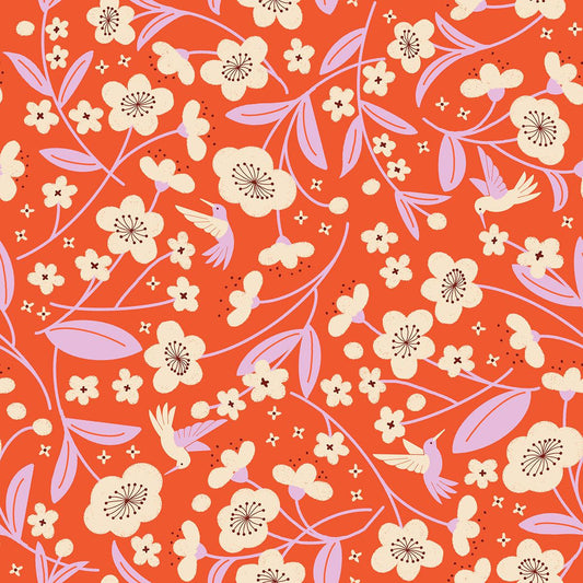 Image of Persimmon Blossoms Warm Red quilting cotton fabric by Rashida Coleman Hale of Ruby Star Society for Moda Fabrics. Features flowers on an orange background. Cute Little Fabric Shop.