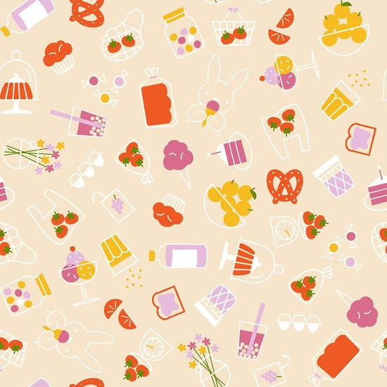 Image of Persimmon Bun Es Market Shell quilting cotton fabric by Rashida Coleman Hale of Ruby Star Society for Moda Fabrics. Features food on a cream background. Cute Little Fabric Shop.